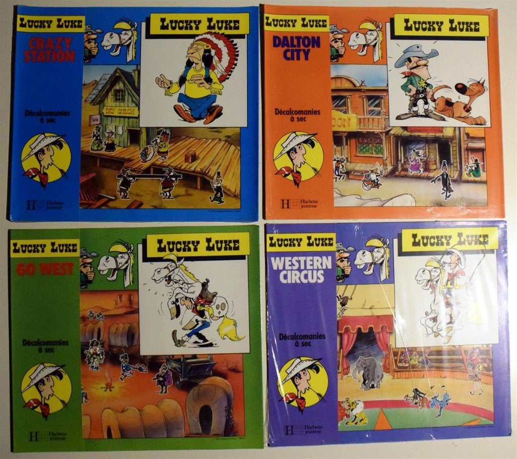 4 livrets décalcomanies Lucky Luke 1986 Etat neuf!, Envoi, Autres personnages, Neuf, Image, Affiche ou Autocollant