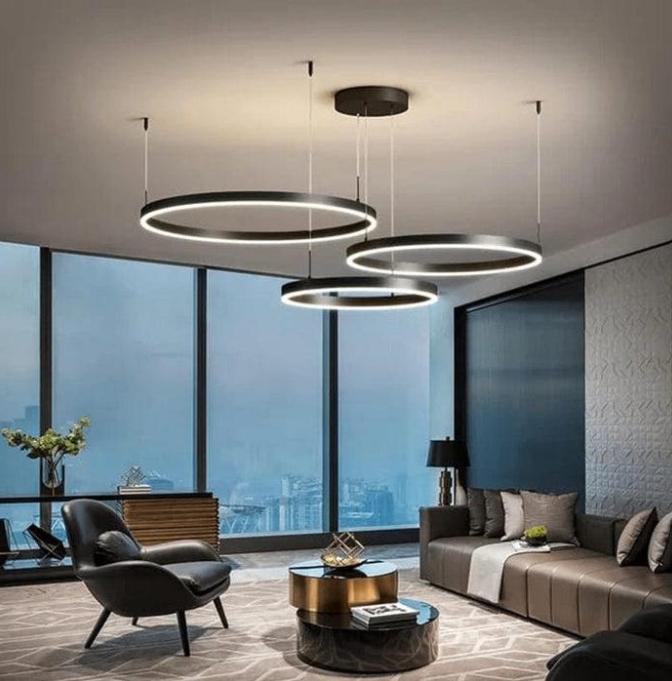 Lustre LED design – 3 anneaux suspendus – Noir – élégant, Maison & Meubles, Lampes | Suspensions, Comme neuf, 75 cm ou plus, Métal
