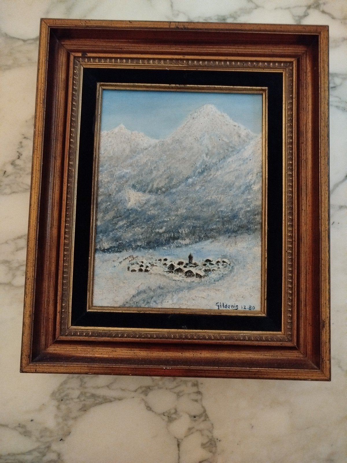 Tableau ancien - paysage des Alpes enneigées -cadre velours., Enlèvement ou Envoi, Paysage, Signé, Toile