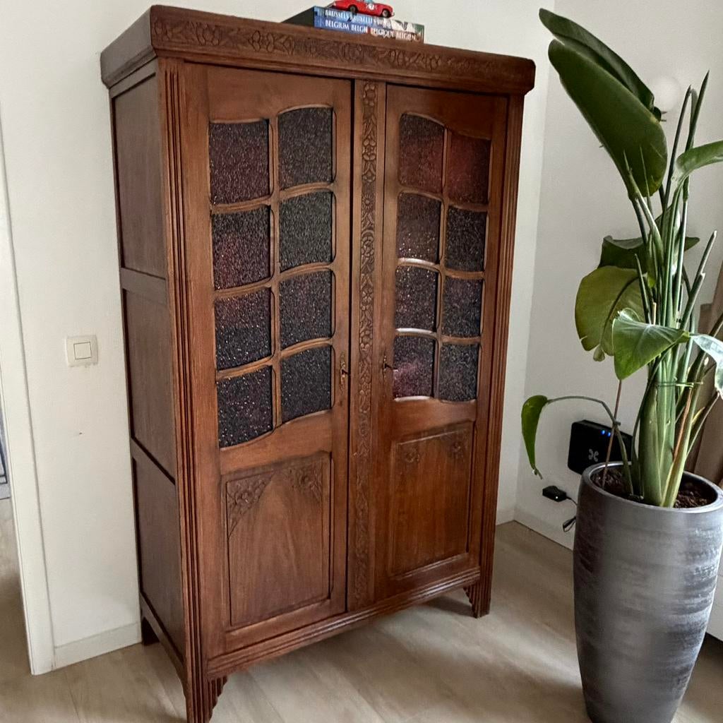 Prachtige antieke houten kast met glas, Antiek en Kunst, Ophalen