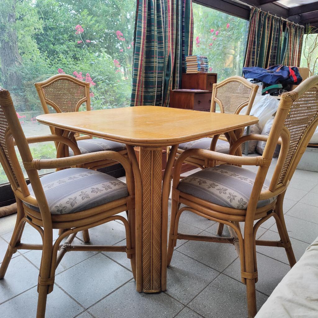 Tafel en 4 stoelen, rotan en afwasbare stof, Enlèvement, Rotin