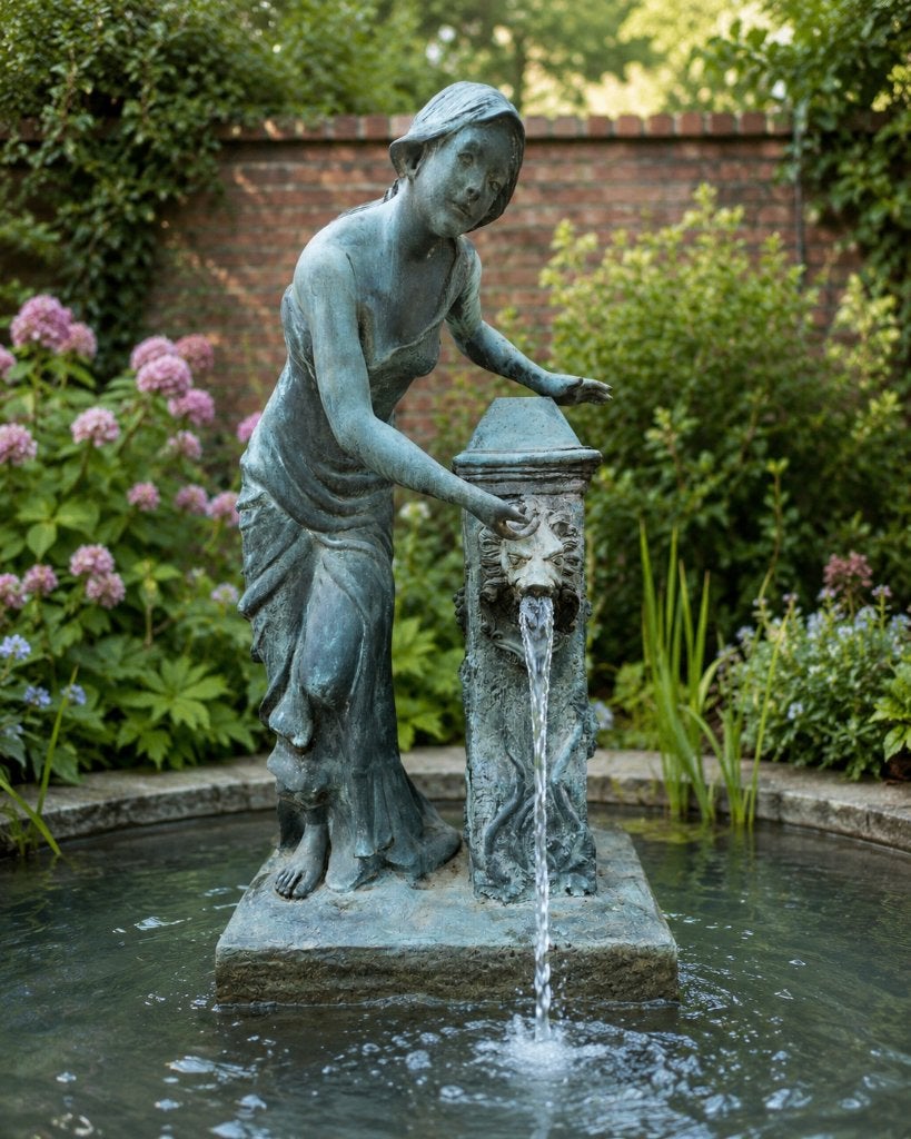BRONZEN OUDERE FONTEIN DAME AAN ZUIL! GETEKEND KOOPJE !!!, Ophalen of Verzenden, Gebruikt, Overige materialen, Fontein