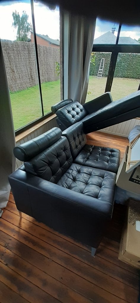 Moderne hoeksalon in leder met poef, Ophalen, Gebruikt, Leer, Modern