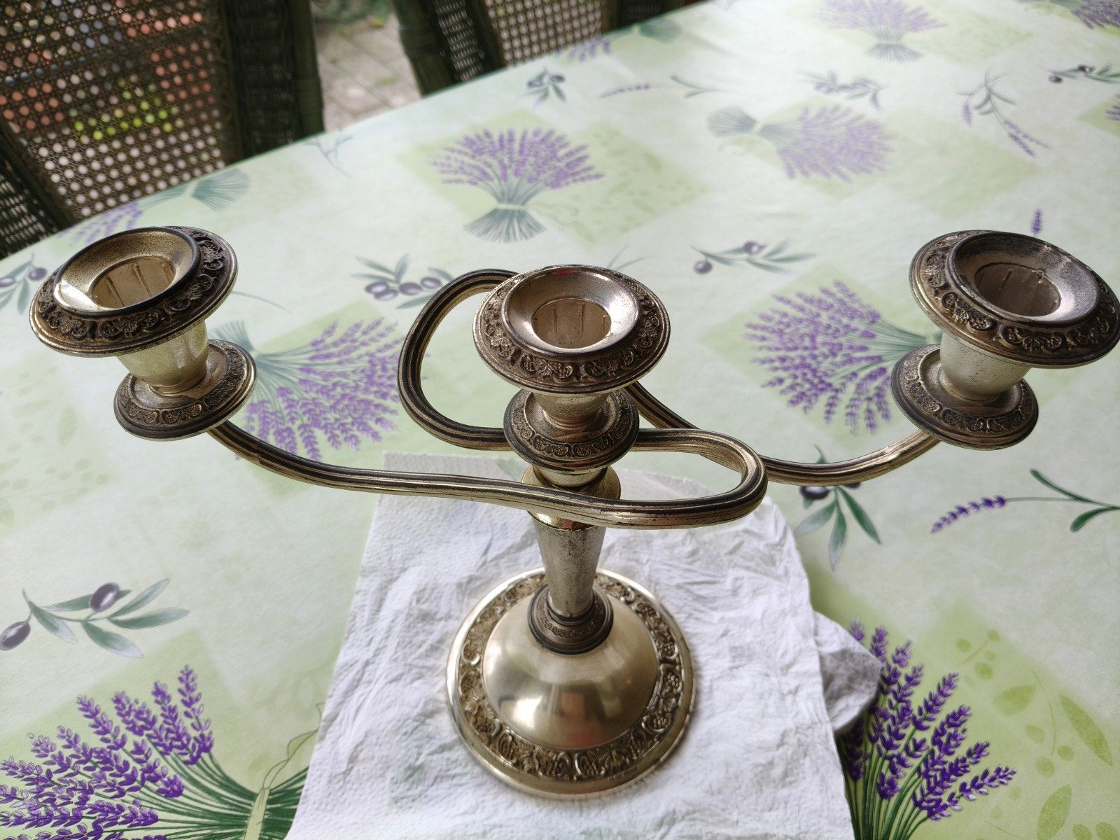 verzilverde 3 armige kandelaar met sierlijke reliëf, Ophalen, Zilver