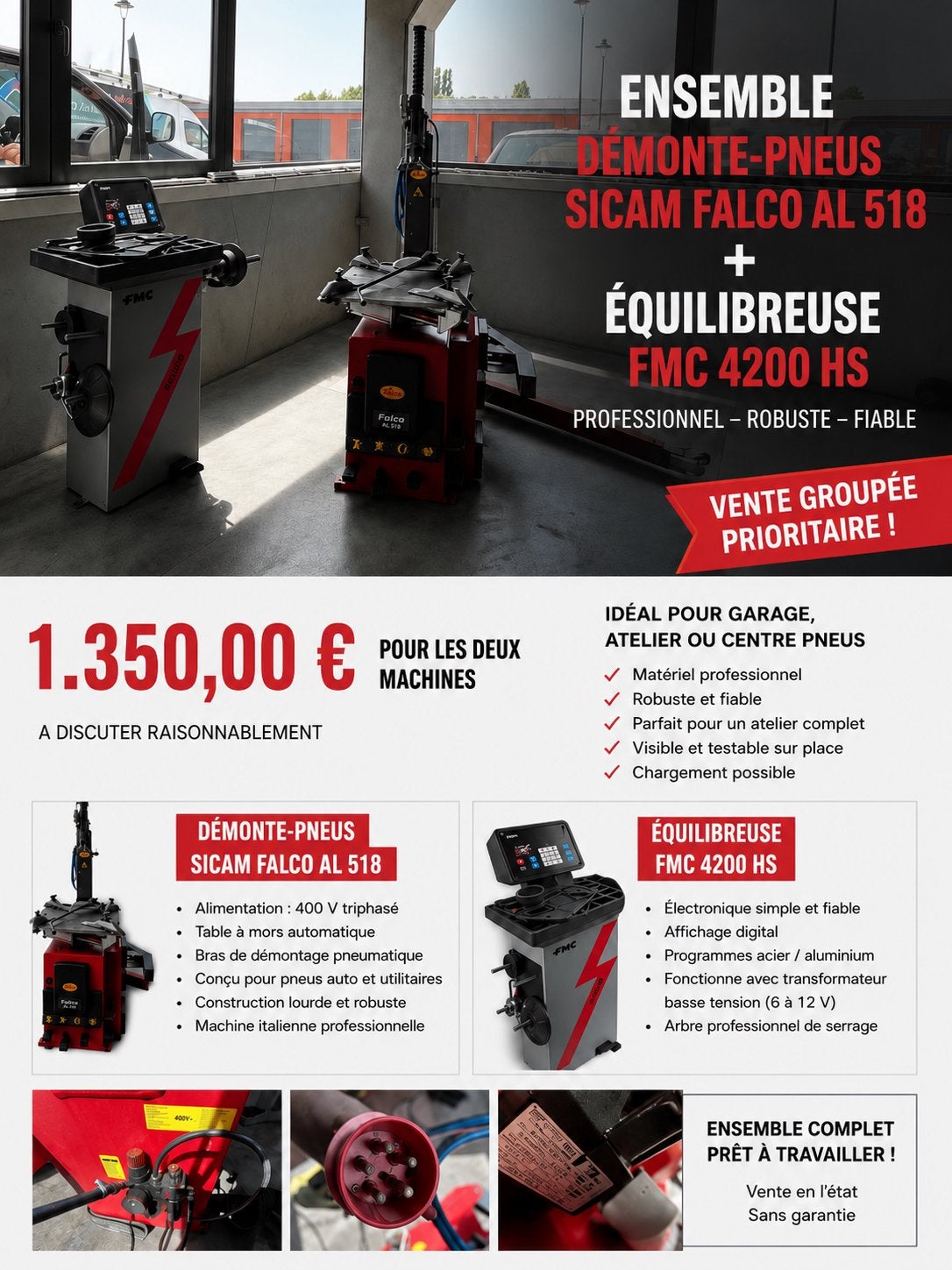 Ensemble pro pneus – Démonte-pneus SICAM + Équilibreuse FMC, Enlèvement, Comme neuf