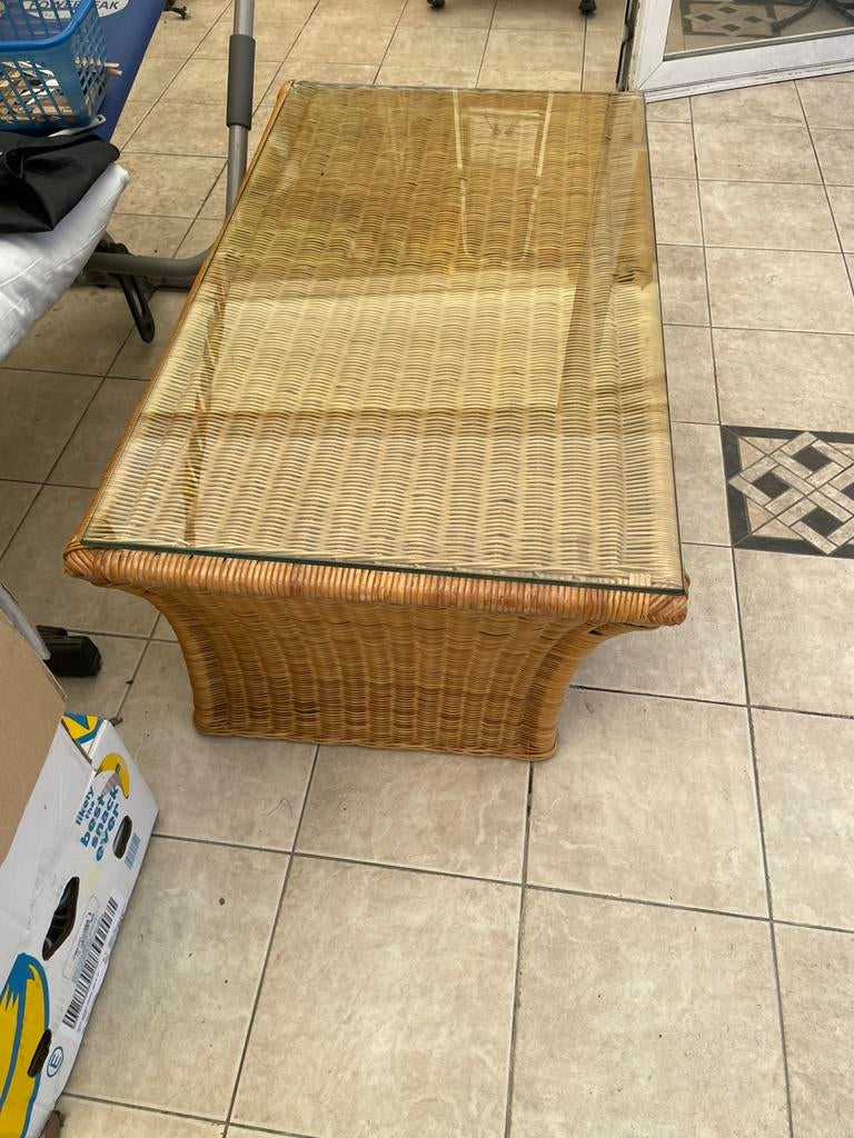 Rotan salon if tuintafel met glasplaat, Enlèvement, Utilisé, Rotin
