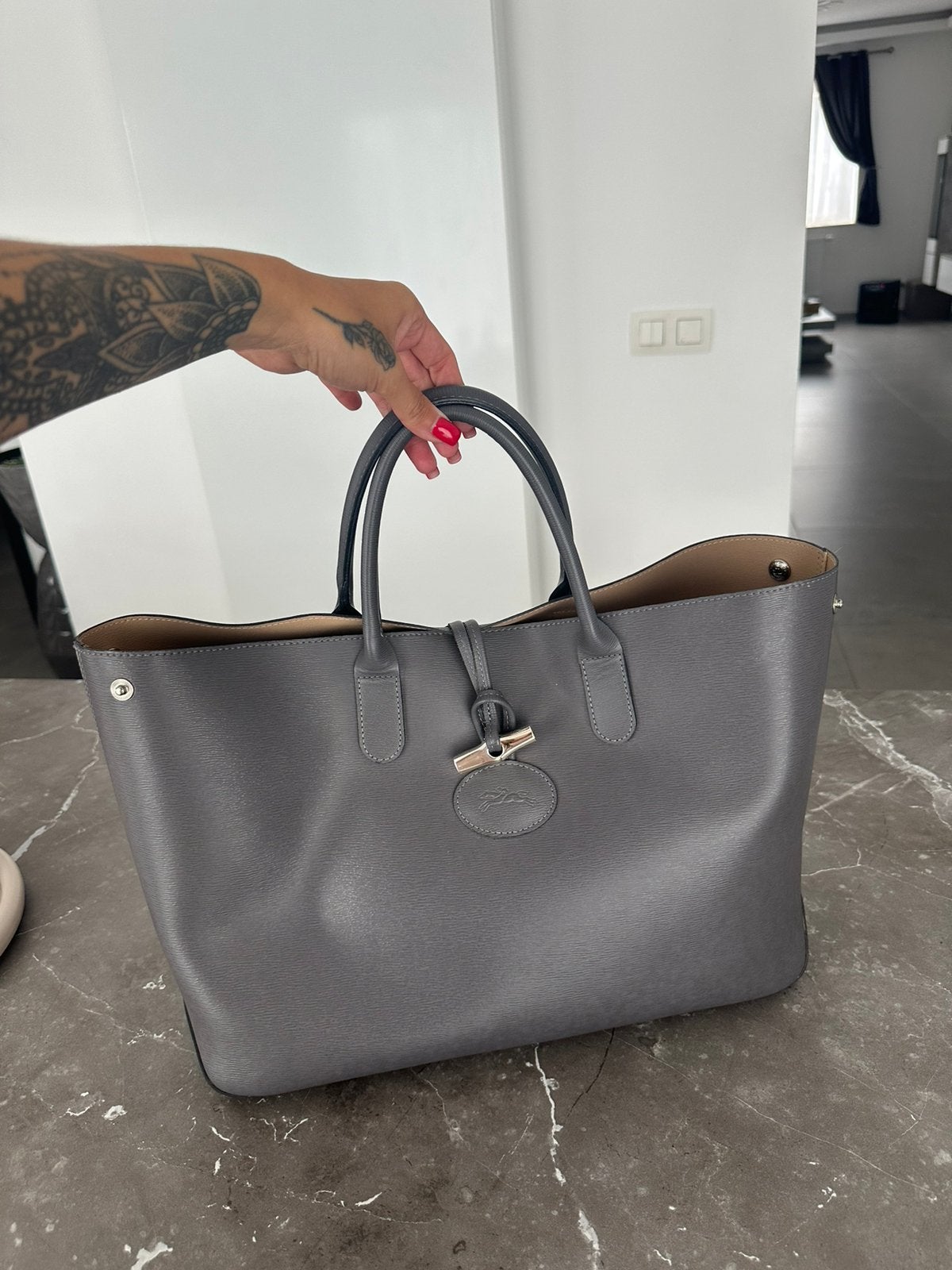 Longchamp Le Roseau L — Leder grijs, Handtassen en Accessoires, Ophalen of Verzenden, Nieuw