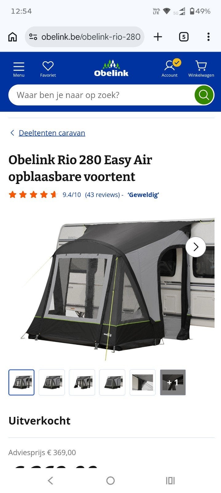 voortent caravan Obelink Rio Easy Air opblaasbaar, Caravans en Kamperen, Ophalen, Zo goed als nieuw