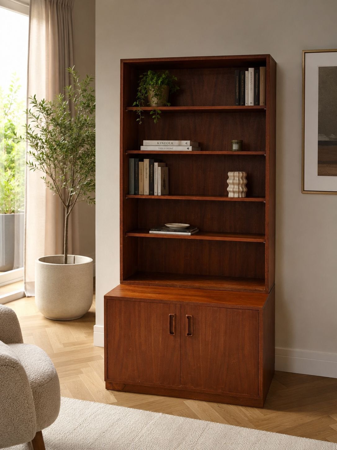 Vintage mid century modern boekenkast Scandinavische stijl, Ophalen, Scandinavisch, 50 tot 100 cm, 150 tot 200 cm