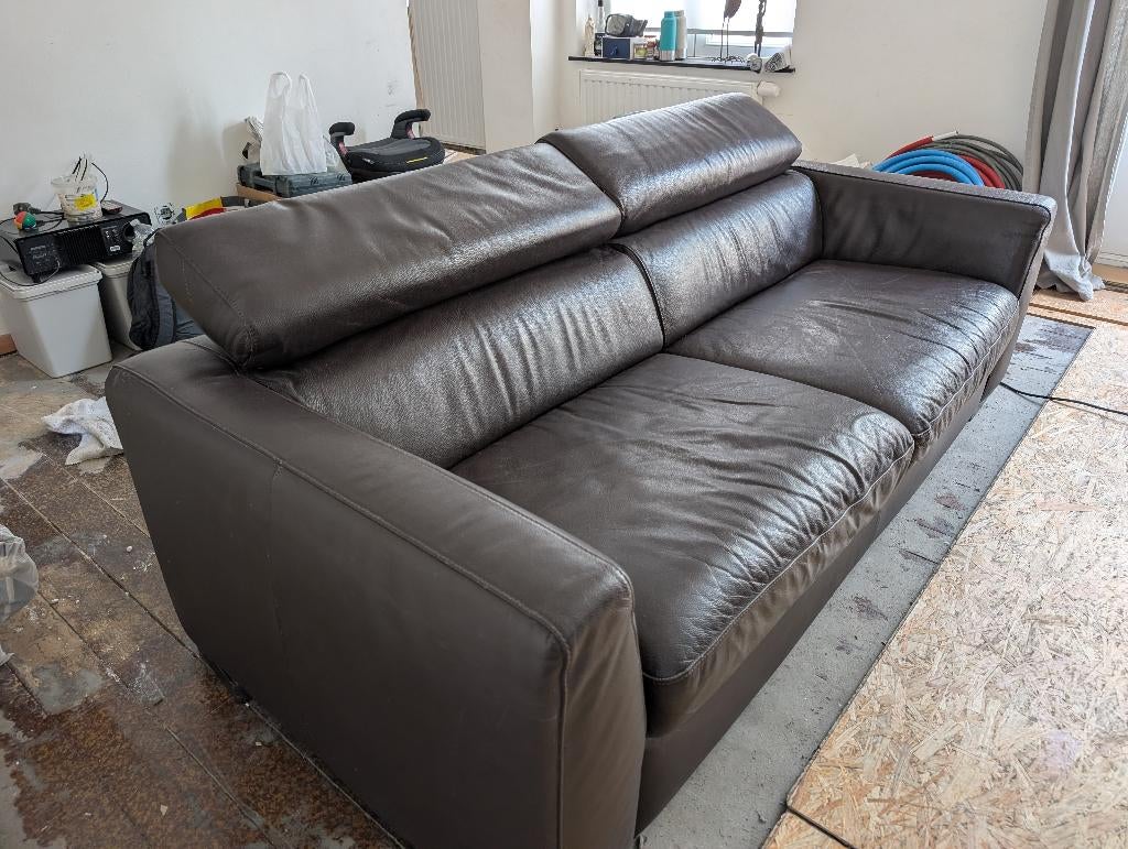 Bruine leren bank - 3 stoelen, Ophalen, Gebruikt, Driepersoons, Rechte bank