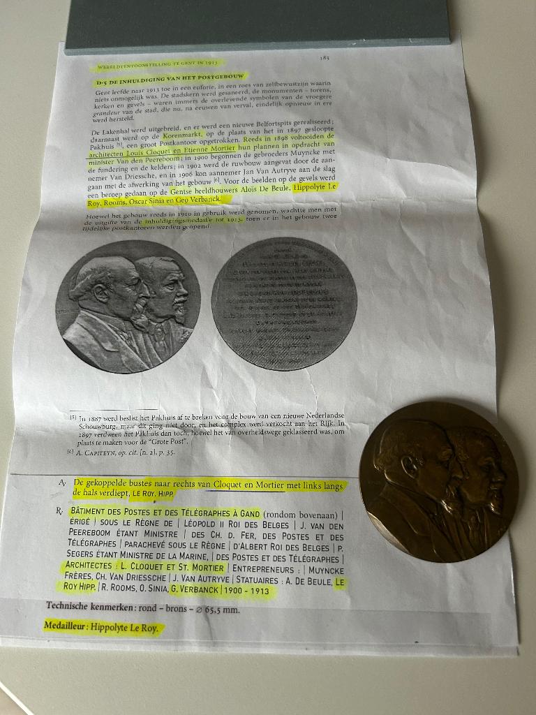 Bronzen zeldzame medaille Gent - Cloquet & Mortier architect, Enlèvement ou Envoi