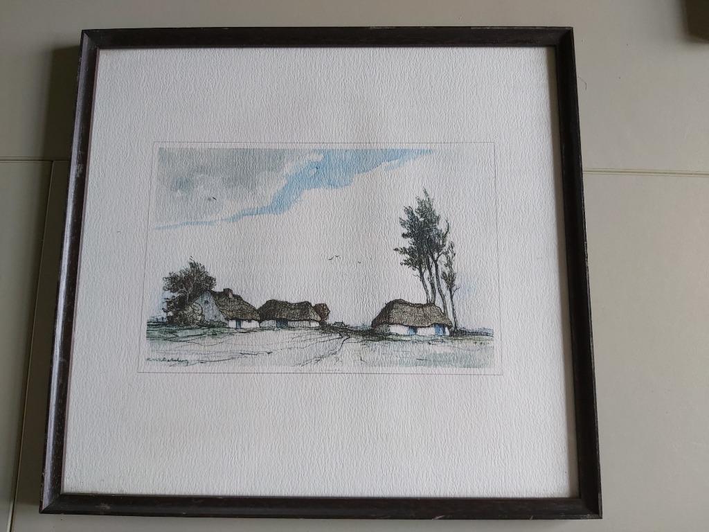 aquarelle van boerderijen,bomen en vogels, Antiek en Kunst, Kunst | Schilderijen | Klassiek, Ophalen of Verzenden