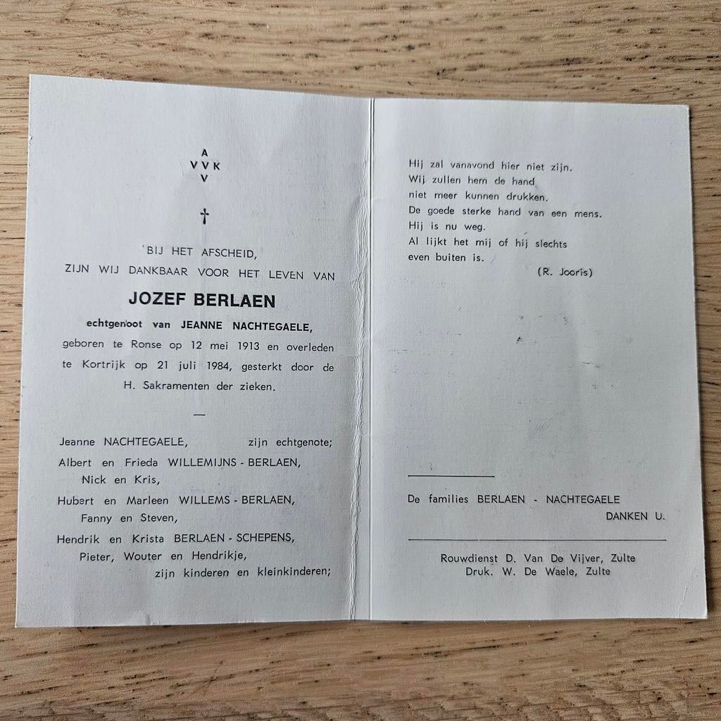 Berlaen Ronse 1913 - Kortrijk 1984 AVV-VVK, Enlèvement ou Envoi