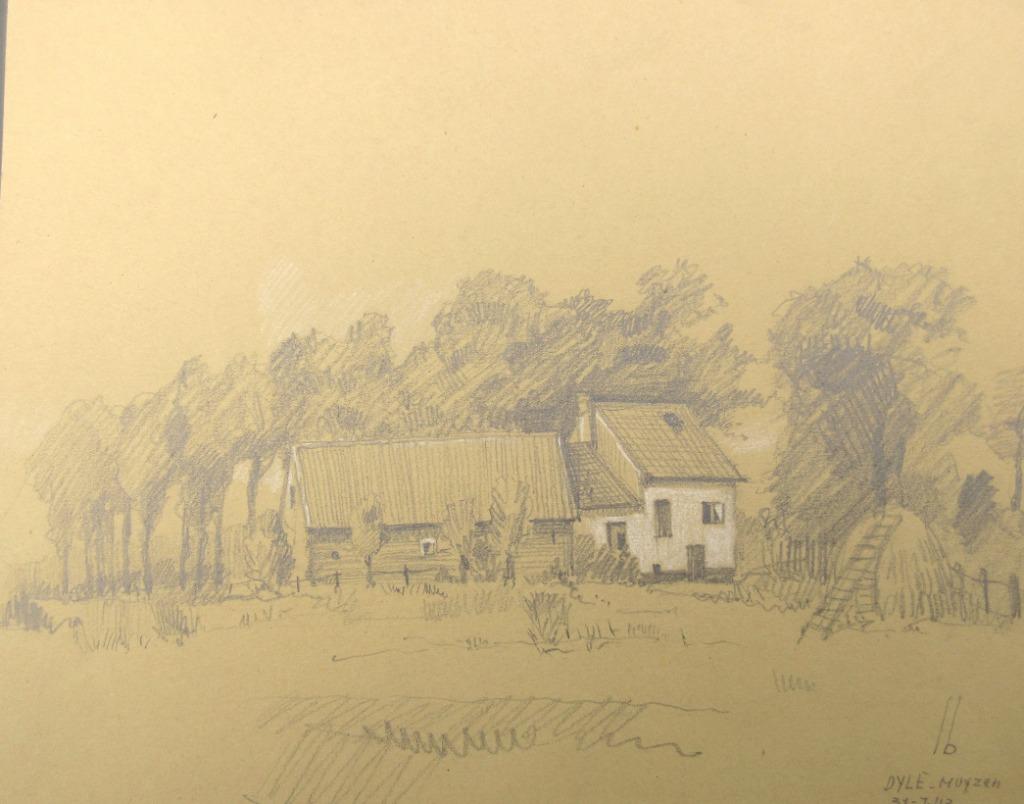 Tekening L. Boschmans- Muizen hoeve aan de Dijle, Antiek en Kunst, Ophalen of Verzenden