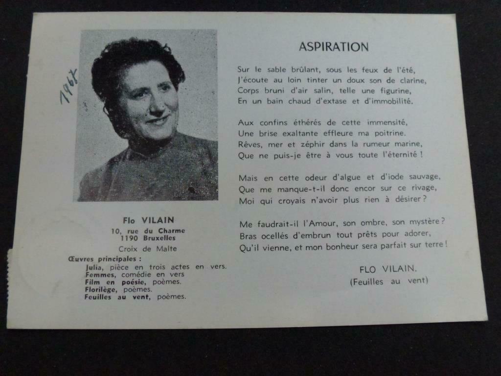 carte postale Flo Vilain : poetesse belge, Envoi, 1960 à 1980, Affranchie, Autres thèmes