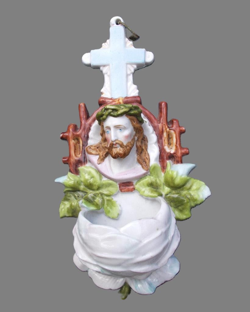 Wijwatervat porselein " opliggende Christus " 20cm, Ophalen of Verzenden