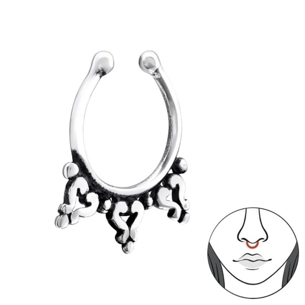 Neusclip fake piercing 925 zilver geoxideerd - Bali - 12 mm, Ophalen of Verzenden, Nieuw, Zilver, Neuspiercing