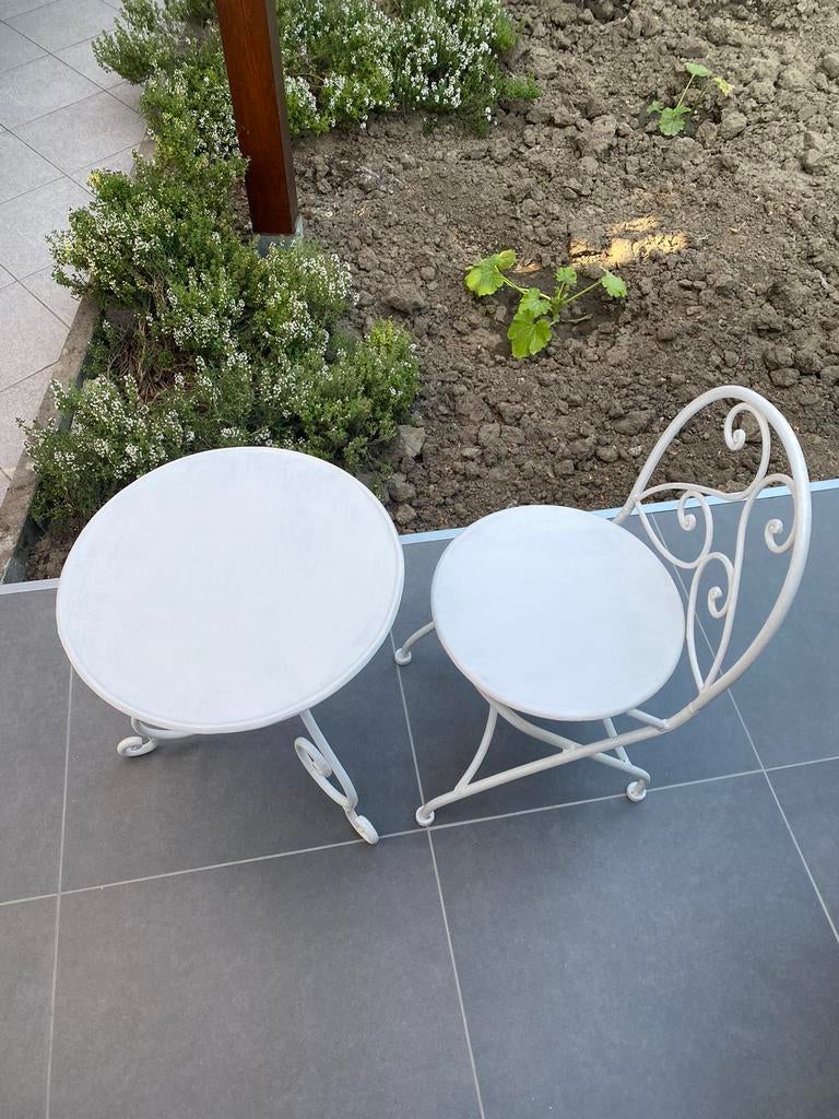 Ancienne petite table plus chaise en fer très bon, Gebruikt
