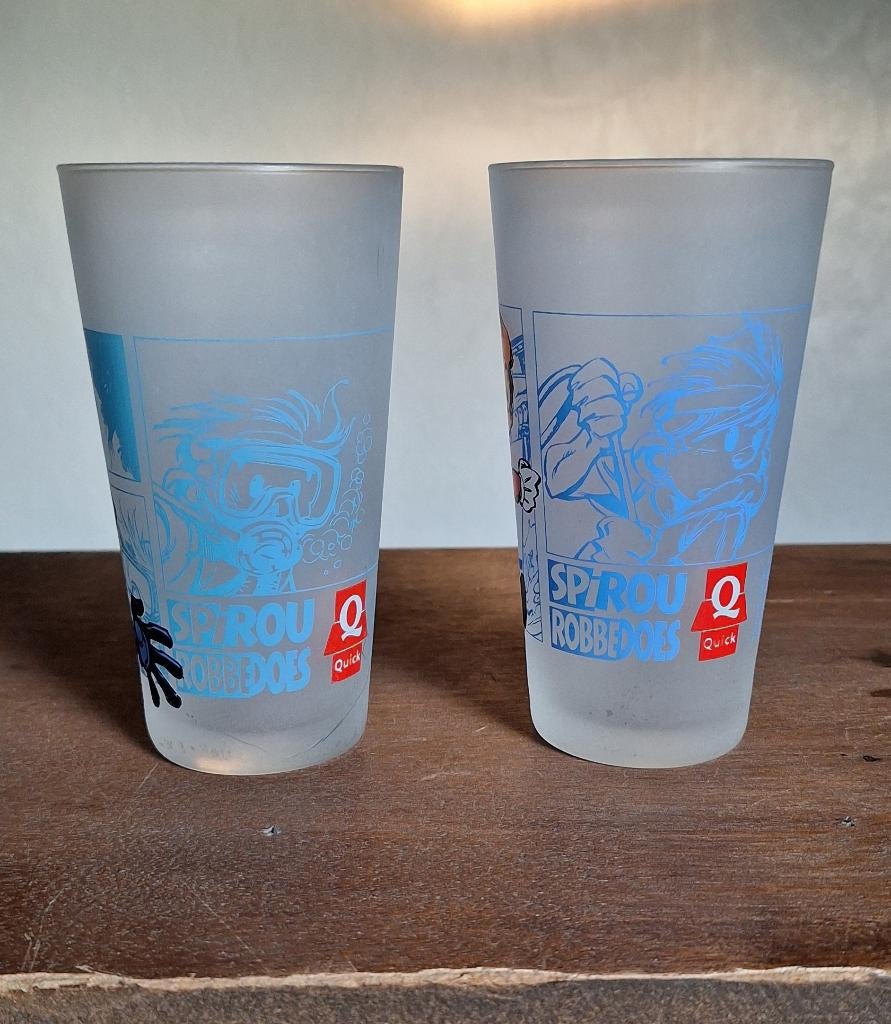 2 Spirou Quick-glazen, Verzamelen, Ophalen, Overige figuren, Nieuw, Overige typen