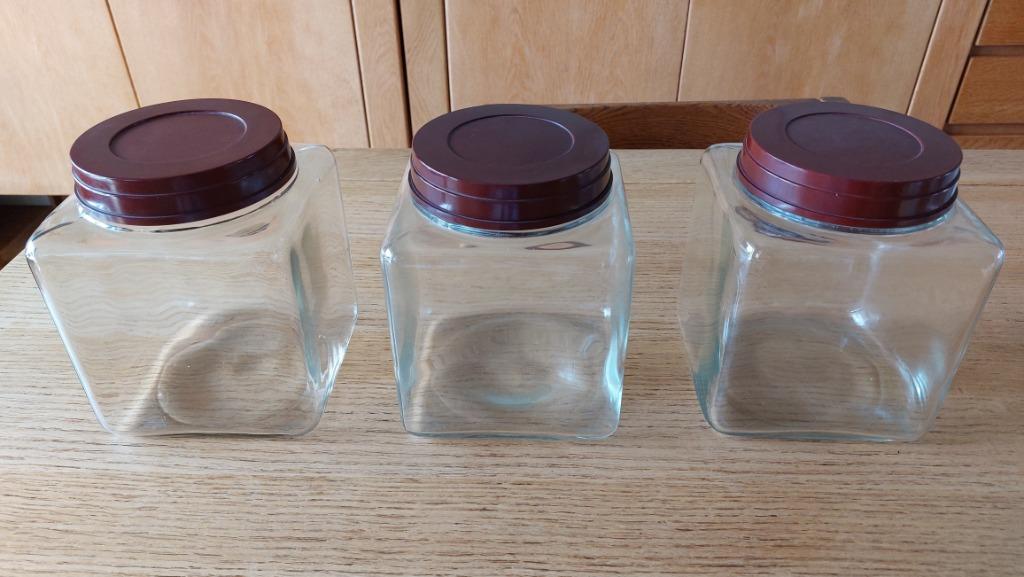 Drie vintage voorraadpotten in glas en bakeliet, Ophalen of Verzenden