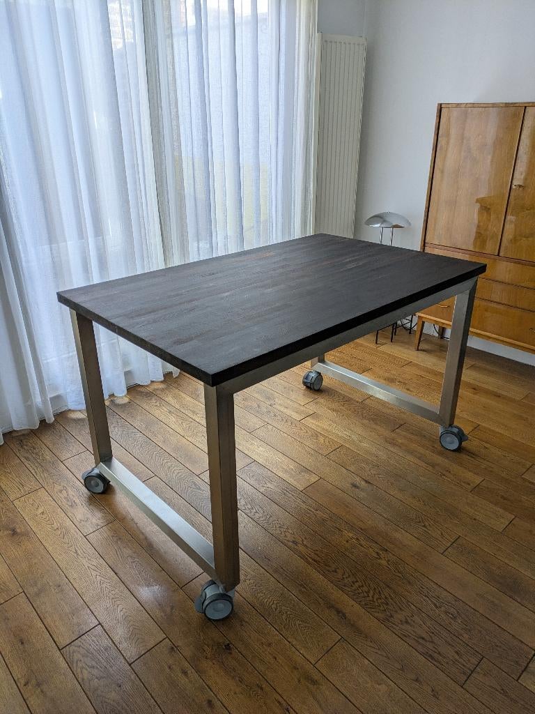 Table haute / îlot central en Wengé massif et inox, Huis en Inrichting, Tafels | Eettafels, Ophalen, 50 tot 100 cm, Zo goed als nieuw