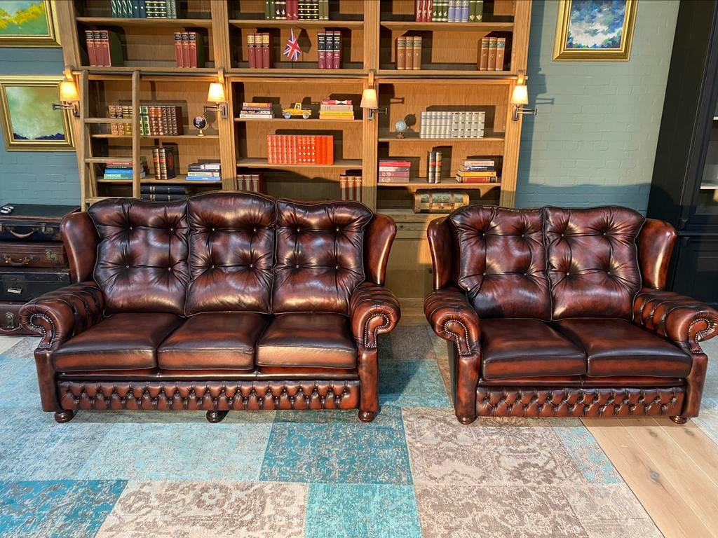 Springvale Chesterfield 3+2 zetels roodbruin GRATIS GELEVERD, Huis en Inrichting, Ophalen of Verzenden, Leer