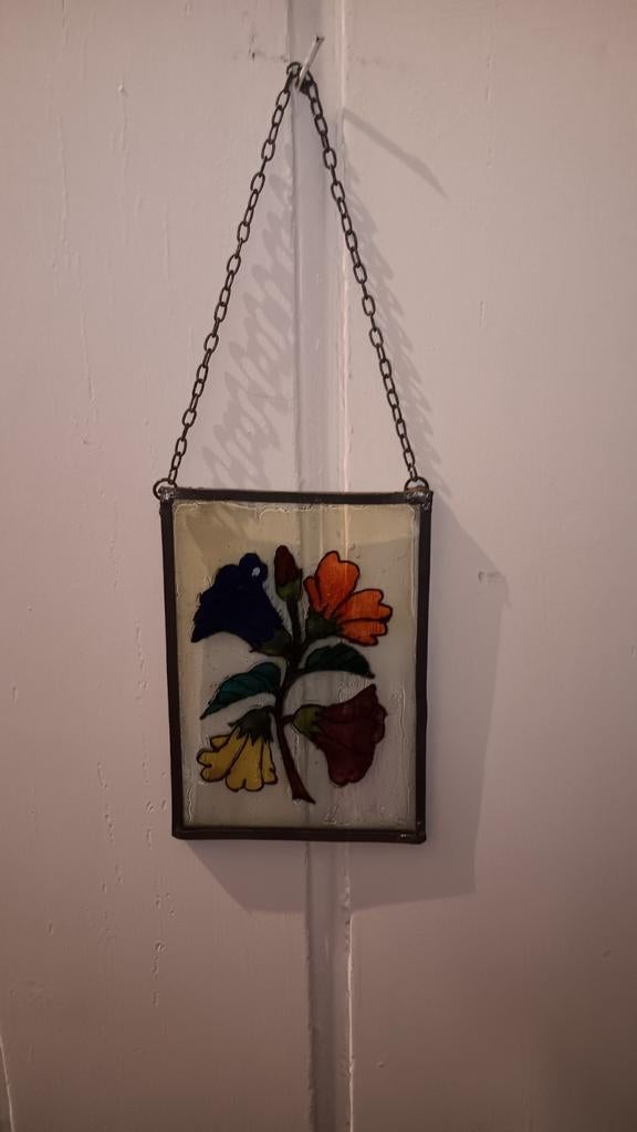 geschilderde bloem op loodraam, Antiek en Kunst, Ophalen of Verzenden