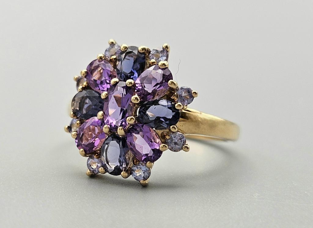 Gouden ring edelsteen Amethist, Tanzaniet ,Ioliet. 2024/227, Ophalen of Verzenden, Goud, Ring