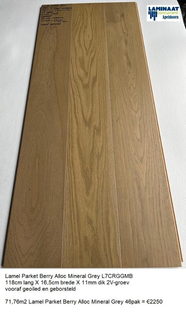 71,76 Lamel Parket Grijs Mineral Matt 11mm dik 46pak : €2250, Huis en Inrichting, Stoffering | Vloerbedekking, Parket, Grijs, Ophalen of Verzenden