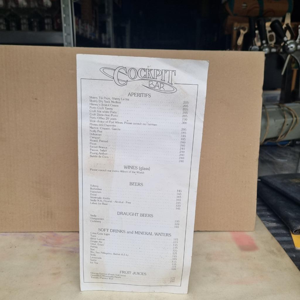 Carte des prix Cockpit bar, Verzamelen, Ophalen of Verzenden, Gebruikt, Overige typen, Overige merken
