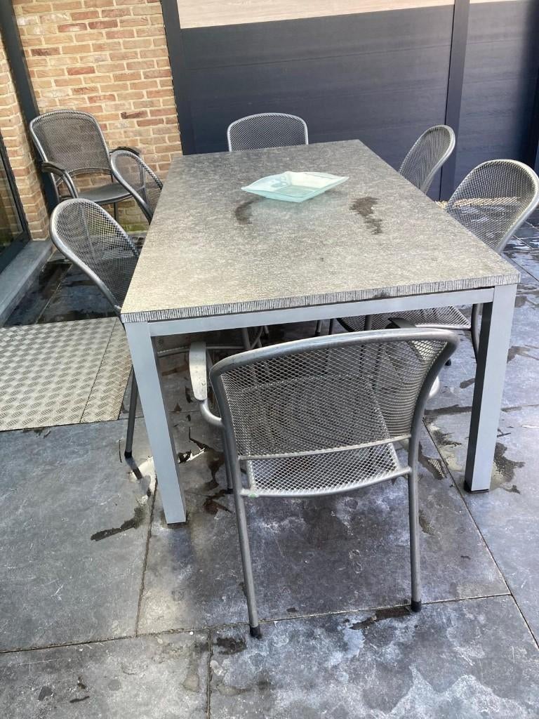 Eettafel + 8 stoelen, Tuin en Terras, Ophalen, Gebruikt, Metaal, Stapelbaar