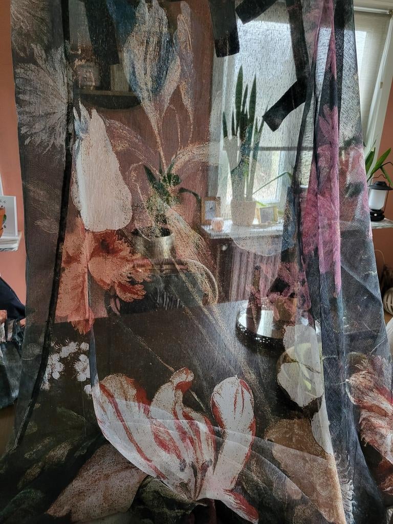 Transparante overgordijnen met botanische print, Huis en Inrichting, Ophalen