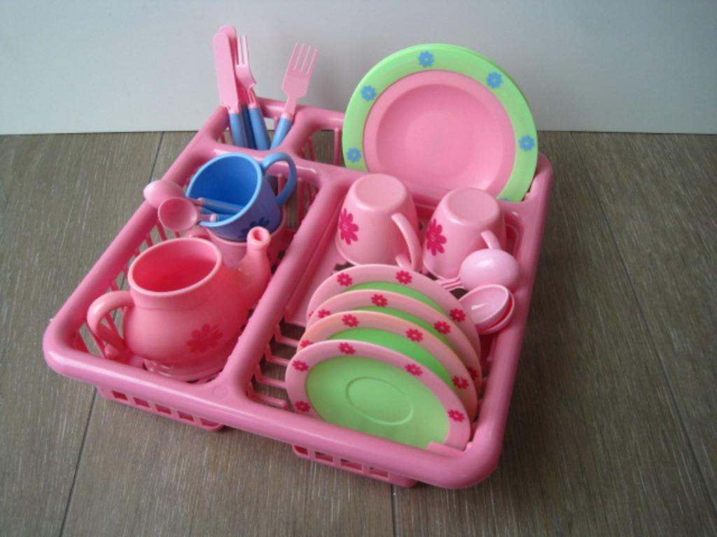 Speelgoed servies met afdruikrekje roze - groen - blauw, Ophalen of Verzenden, Gebruikt, Kunststof, Speelkeuken-accessoire