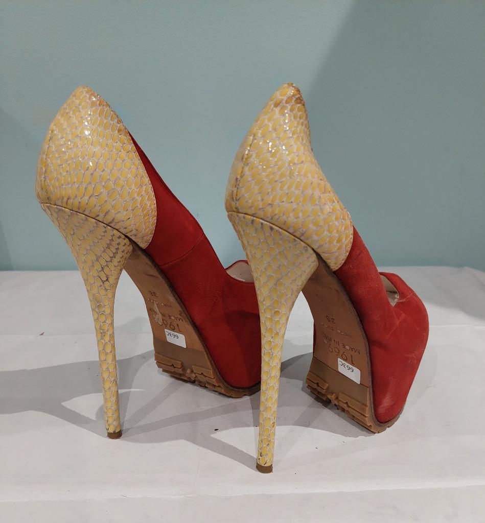 663C* 1969 Sexy tweekleurige leren pumps hakken 15cm (36), Pumps, Verzenden, Zo goed als nieuw, Rood