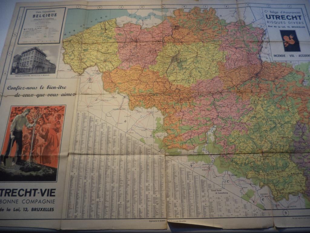 Oude affiche landkaart Belgie C Belge d'Assurances UTRECHT, Ophalen of Verzenden, Landkaart