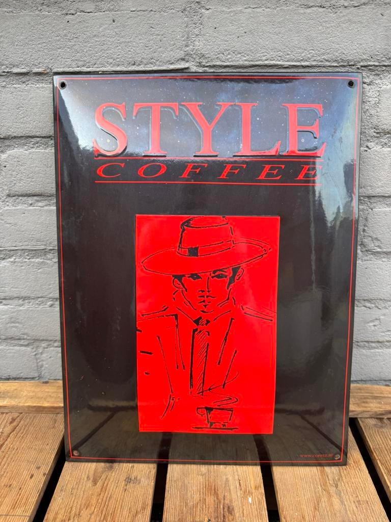 Style koffie emaille reclamebord, Ophalen of Verzenden, Gebruikt, Reclamebord