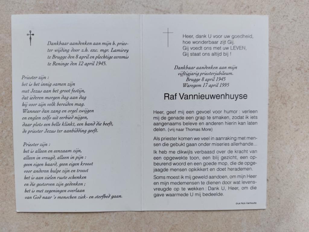 gedachtenisprentje Gouden priesterjubileum Raf Vannieuwenhuy, Verzamelen, Bidprentjes en Rouwkaarten, Verzenden
