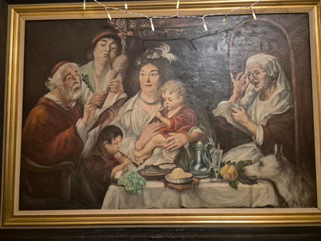 Schilderij(zoals de ouden zongen piepen de jonge), Antiek en Kunst, Ophalen