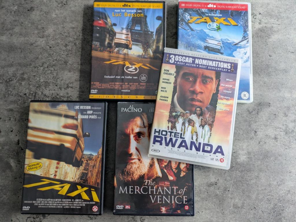 5X DVD TRILOGY TAXI /HOTEL RWANDA/MERCHANT VENICE, Cd's en Dvd's, Verzenden, Zo goed als nieuw