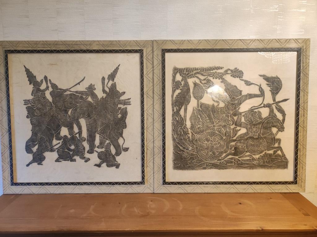 2 tekeningenThai of Hindu strijders, Ophalen