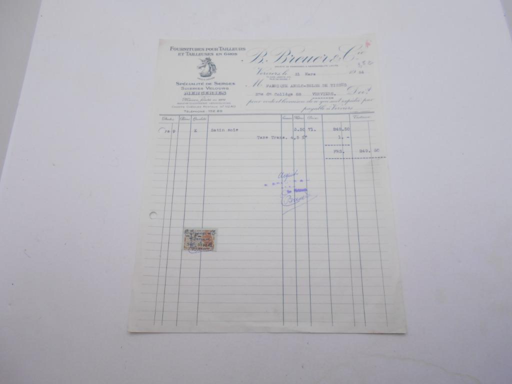 ancienne facture Verviers 1954 Breuer textile, Enlèvement ou Envoi