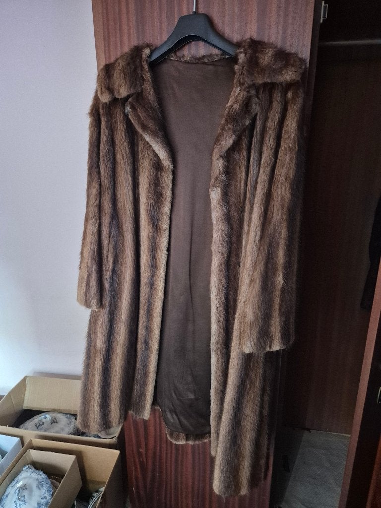 Lange Vintage Bontmantel met Streeppatroon, Kleding | Dames, Ophalen of Verzenden, Gedragen, Maat 42/44 (L), Bruin