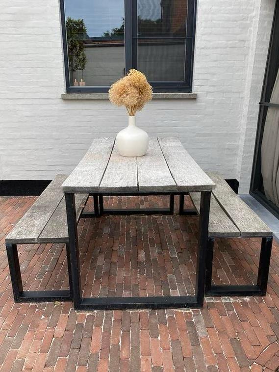 Tuinset met tafel en twee banken - 6 personen, Tuin en Terras, Tuinsets en Loungesets, Zo goed als nieuw, Bank, Ophalen