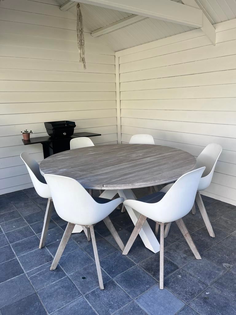 Bristol teakhouten tuintafel + 6 Bristol tuinstoelen, Tuin en Terras, Ophalen, Rond, Teakhout