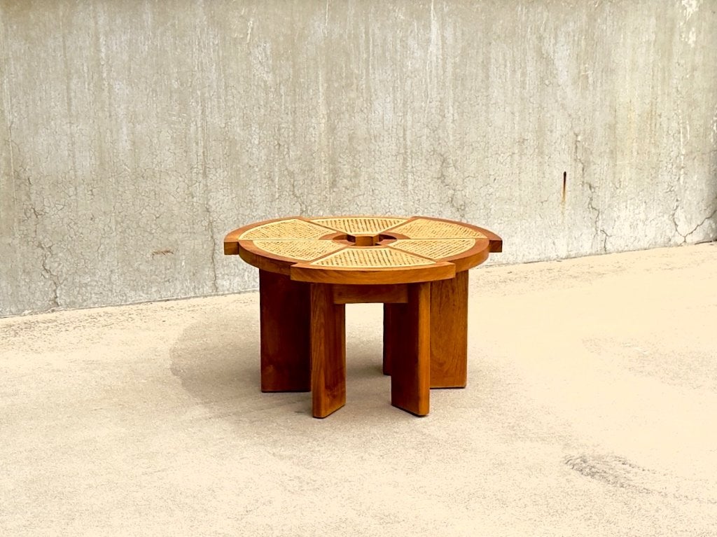 Table basse Mid-Century | bois et osier | Années 1960, Maison & Meubles, Enlèvement ou Envoi, Rond, Comme neuf, 50 à 100 cm