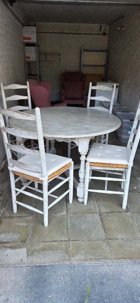 Eiken eettafel in gepatineerd wit met 6 stoelen, Ophalen, Eikenhout, Zo goed als nieuw, Cottage