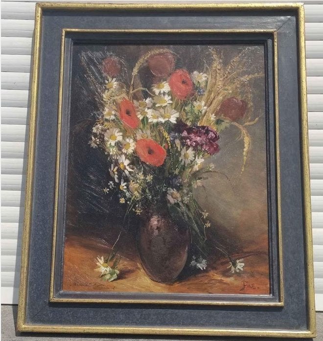 Huile sur toile fleurs signe Ferdinand pire, Antiquités & Art, Enlèvement ou Envoi, Sous verre, Fleurs, Toile