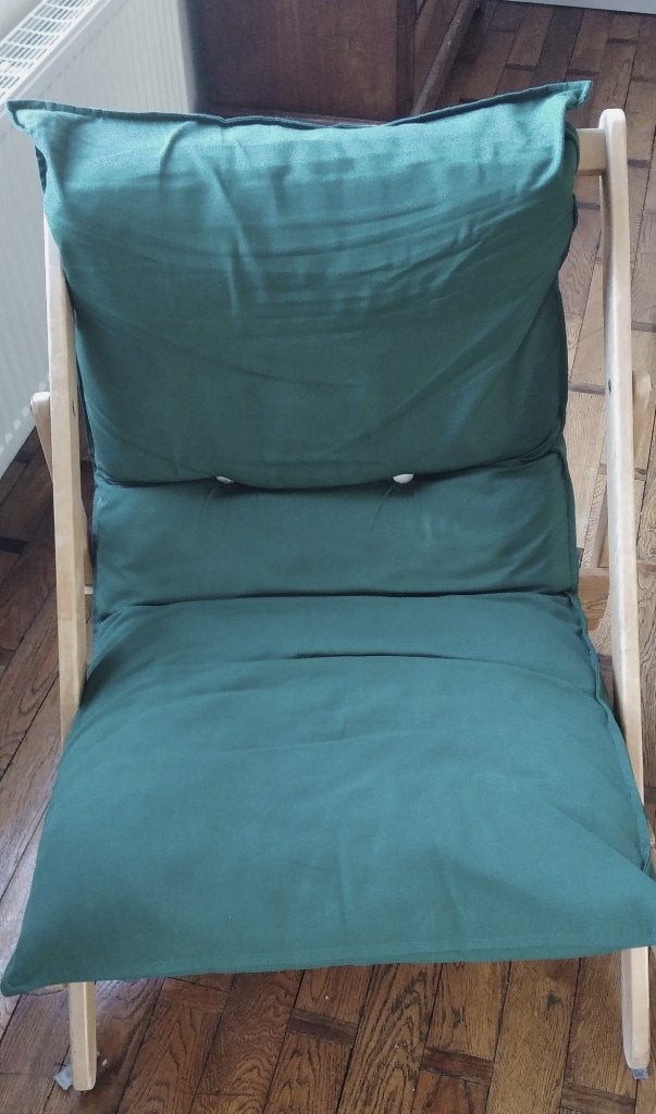 Lot de 2 fauteuils pliants vintage en bois – coussins verts, 75 à 100 cm, Enlèvement, Utilisé, 50 à 75 cm