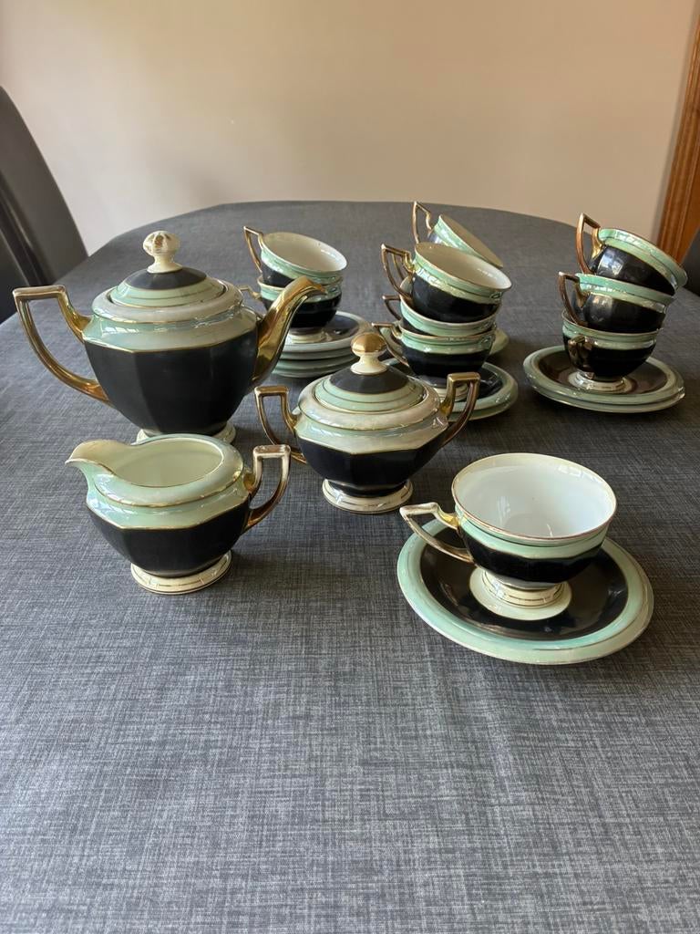 Vintage Art Deco koffie/theeservies in groen zwart en goud., Antiek en Kunst, Ophalen