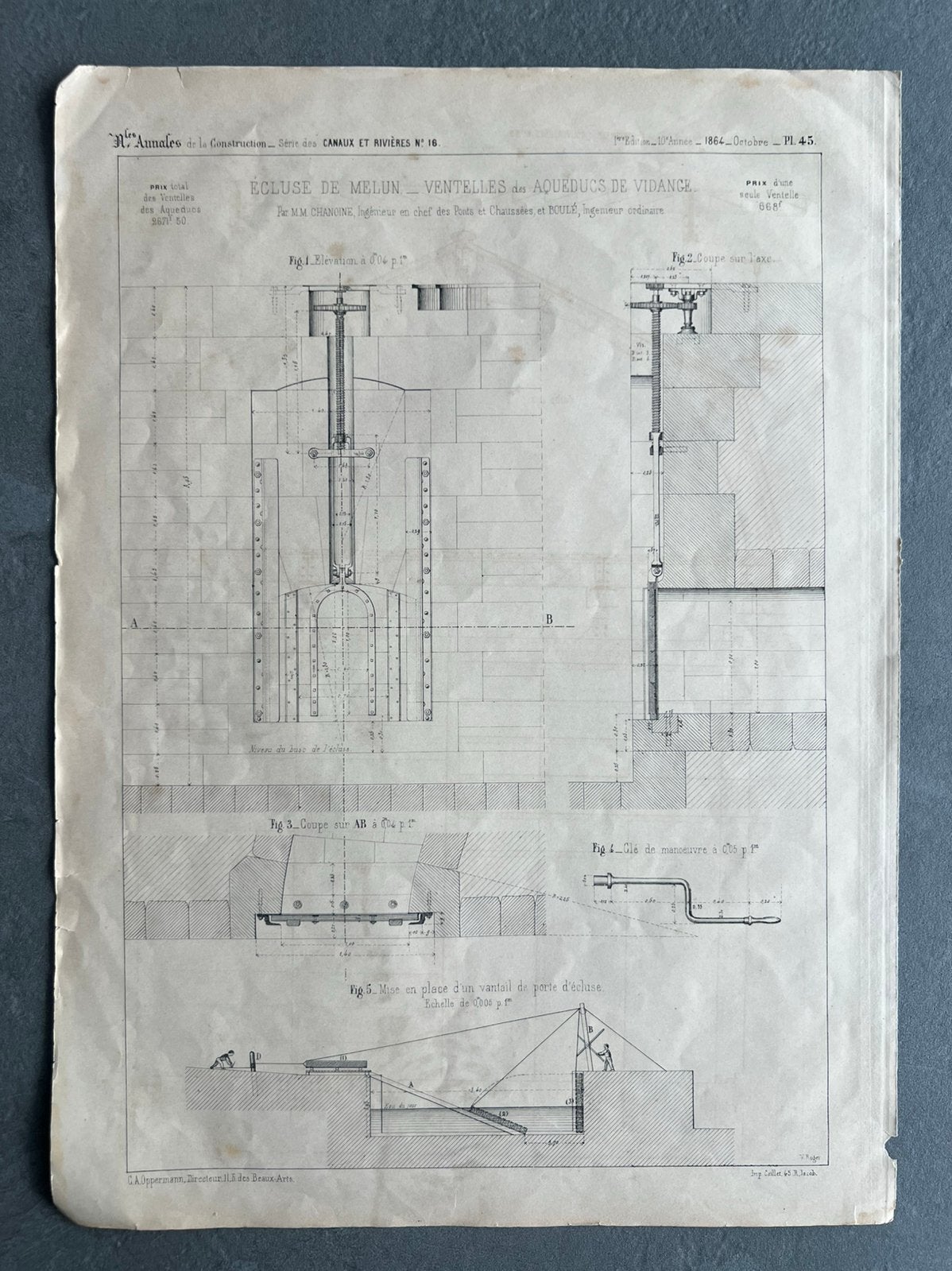 Gravure ancienne 1864 Écluse de Melun Ventelles des aqueducs, Gravure, 37 cm, Original, Architecture